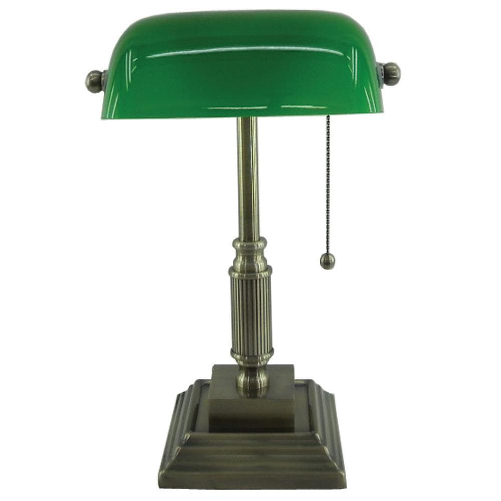 Normande Lighting 15 in. Antique Brass Bankers Lamp with Green Glass ...