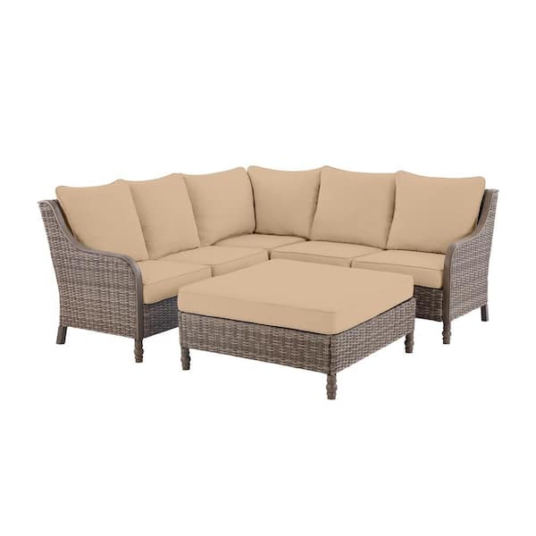 Hampton Bay Windsor 4-Piece Brown Wicker Outdoor Patio Sectional Sofa ...