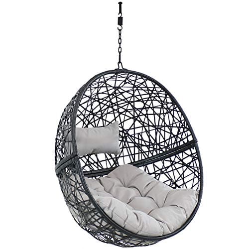 Sunnydaze Danielle Resin Wicker Egg Hanging Chair with Cushions, Gray ...