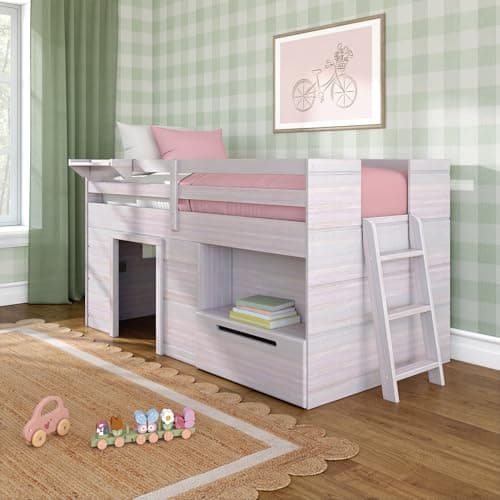 Max & Lily Solid Wood Twin-Size Low Loft Bed with Desk