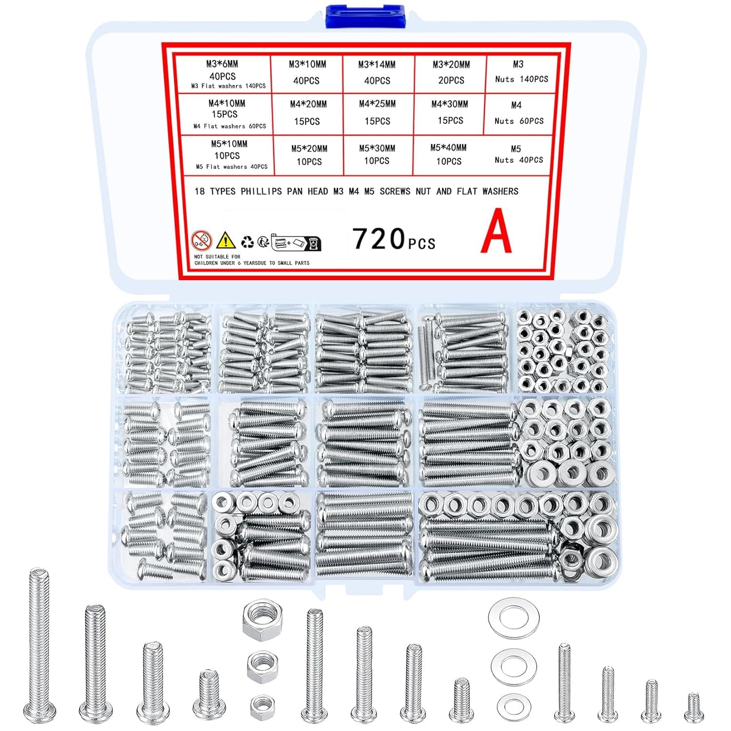 720 Pcs Nuts and Bolts Assortment Kit, M3 M4 M5 Carbon Steel Screws ...