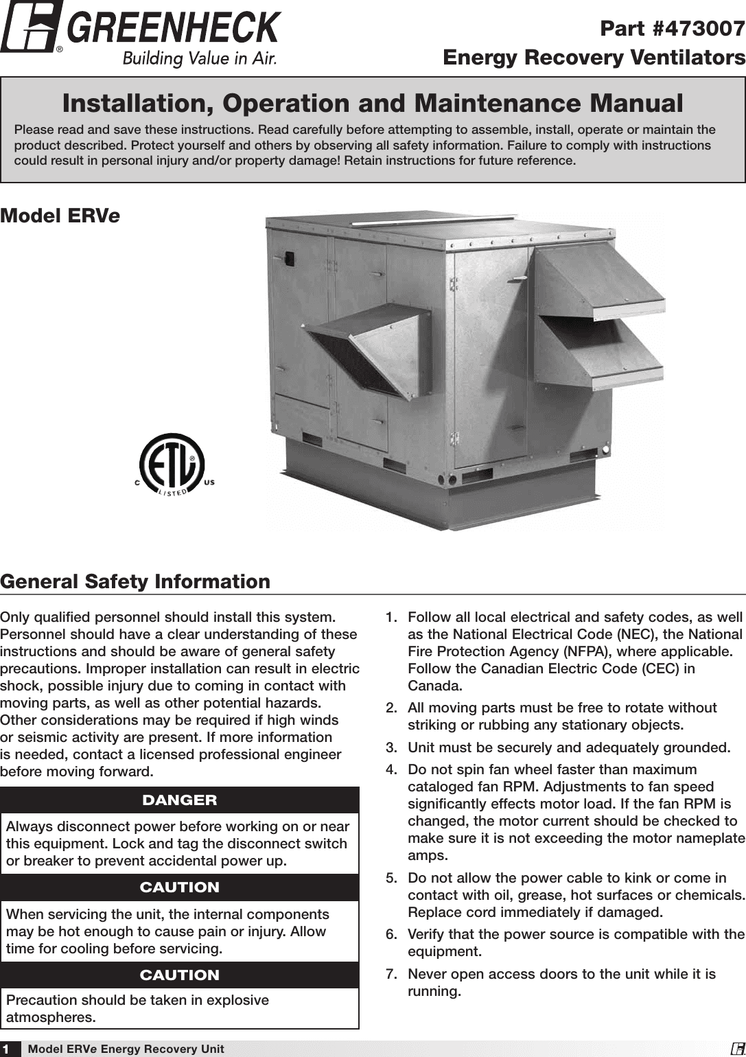 Greenheck Fan Energy Recovery Ventilator Erve Users Manual