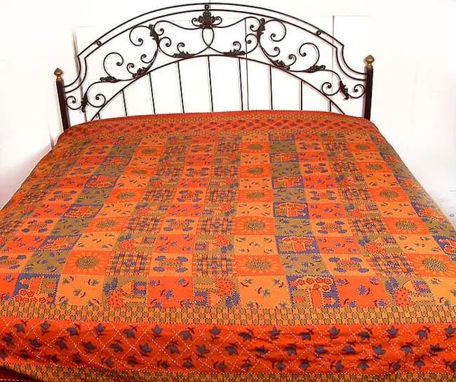 Printed Cotton Bedspread with Kantha Stitch | Exotic India Art