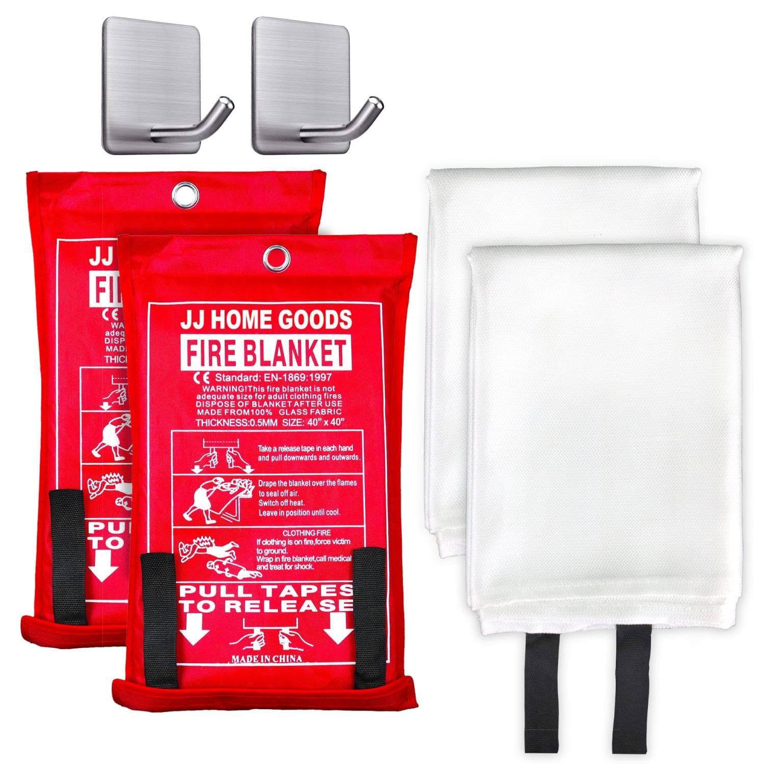 JJ Home Goods Fire Blanket 40x40 (Pack of 2) with Hooks - Emergency ...