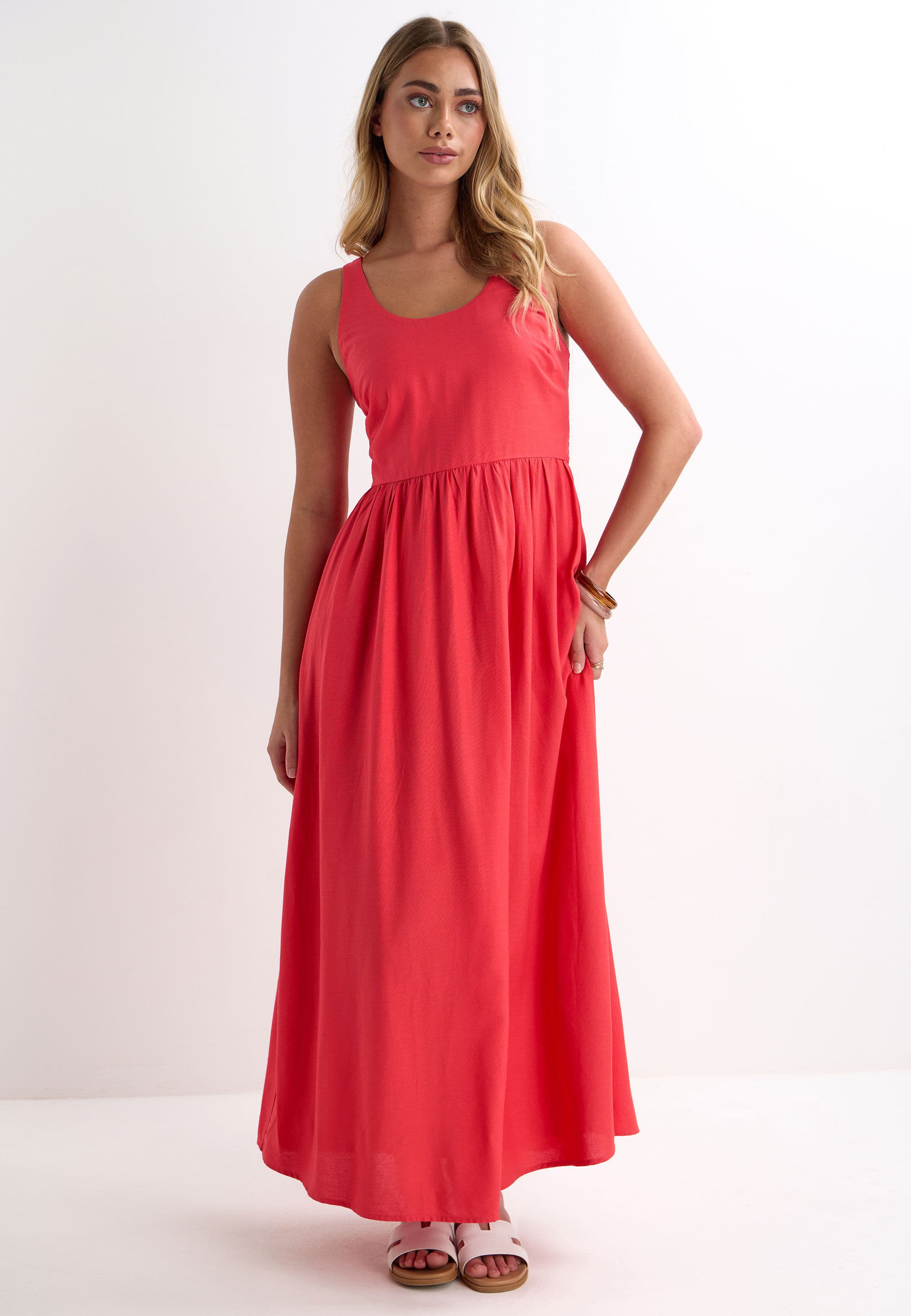 Womens Red Linen Blend Midi Dress | Peacocks