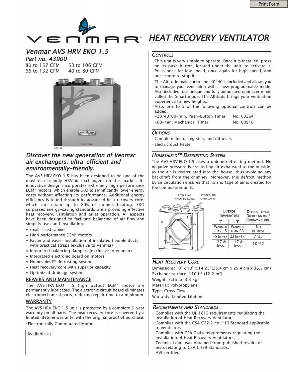 Prod Sheet Venmar AVS HRV EKO 1.5 (91414):F.T. AVS SOLO 1.5 ...